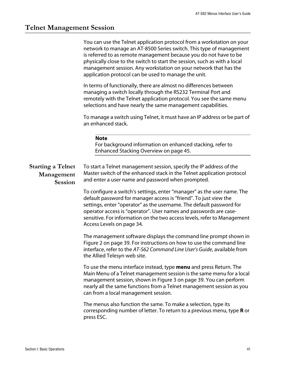 Telnet management session, Starting a telnet management session | Allied Telesis AT-S62 User Manual | Page 41 / 760