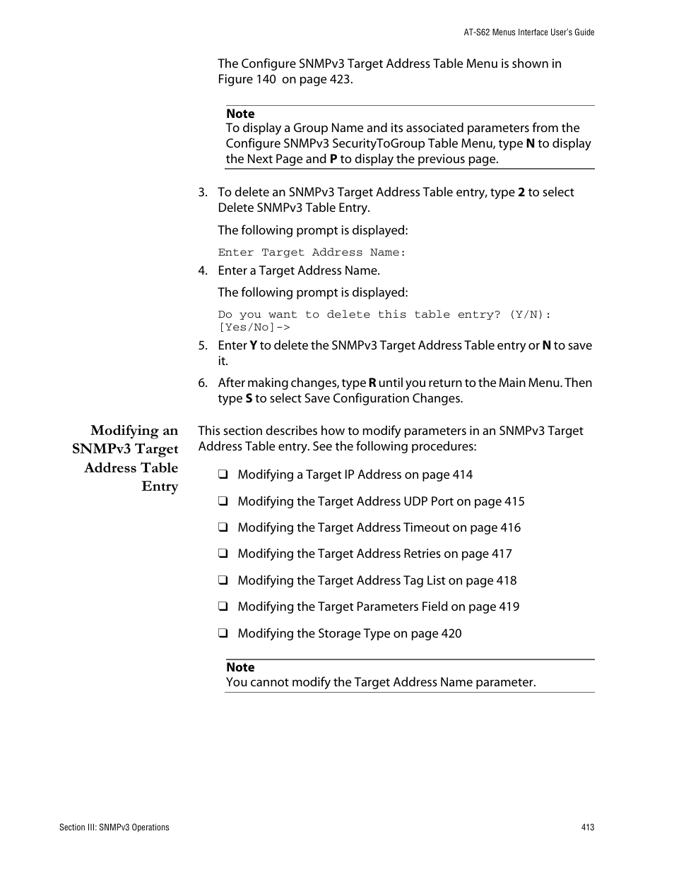 Modifying an snmpv3 target address table entry | Allied Telesis AT-S62 User Manual | Page 413 / 760