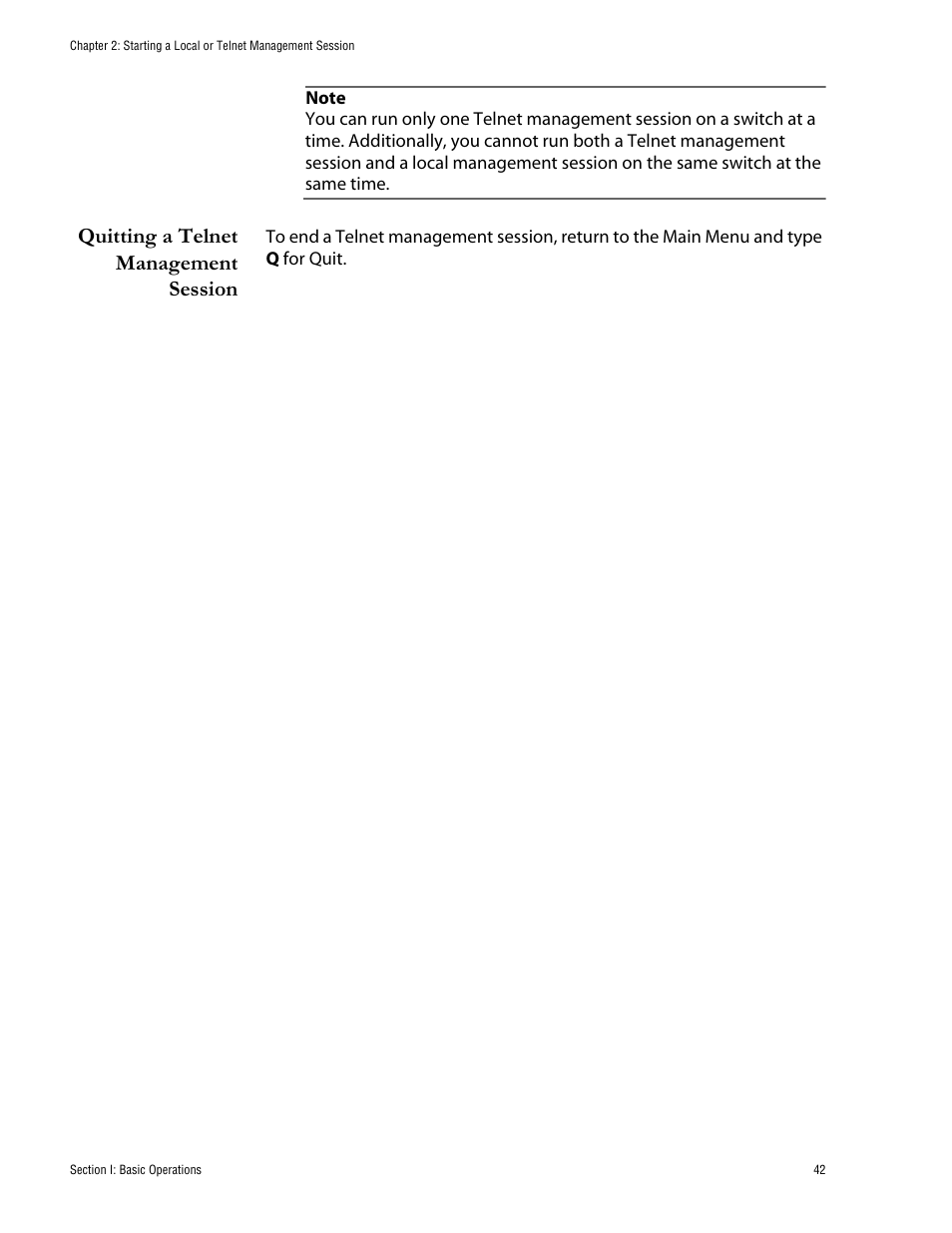 Quitting a telnet management session | Allied Telesis AT-S62 User Manual | Page 42 / 760