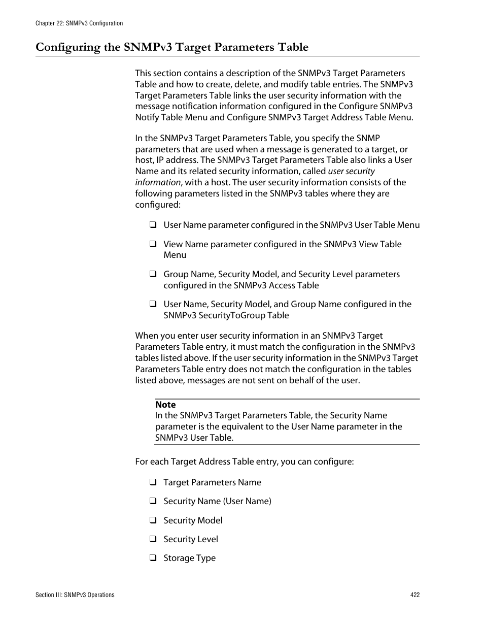 Configuring the snmpv3 target parameters table | Allied Telesis AT-S62 User Manual | Page 422 / 760