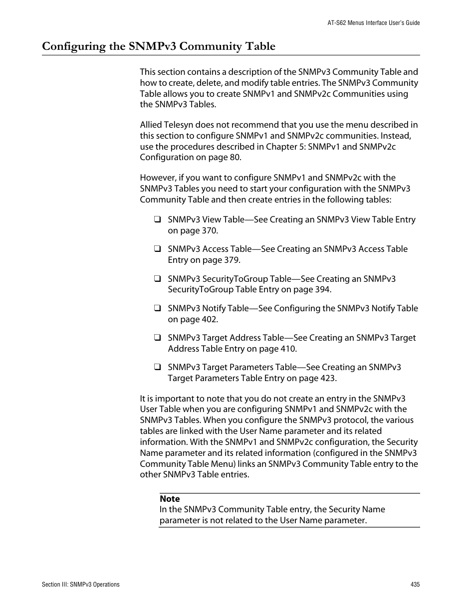 Configuring the snmpv3 community table | Allied Telesis AT-S62 User Manual | Page 435 / 760