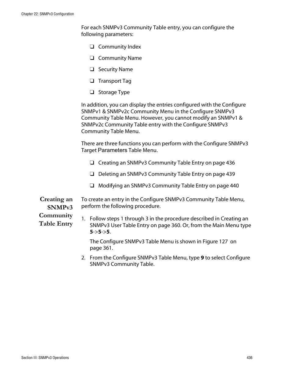 Creating an snmpv3 community table entry | Allied Telesis AT-S62 User Manual | Page 436 / 760