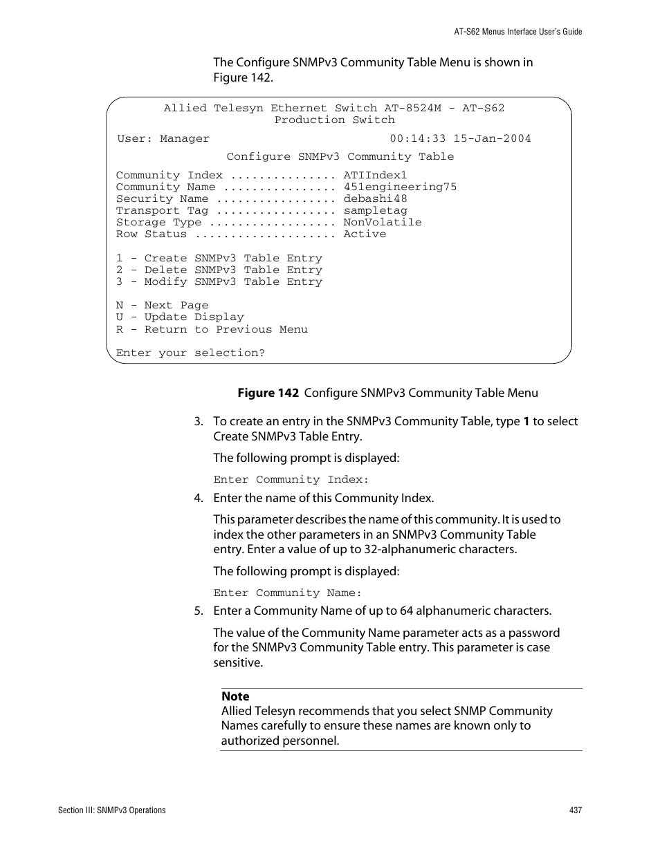 Figure 142: configure snmpv3 community table menu | Allied Telesis AT-S62 User Manual | Page 437 / 760