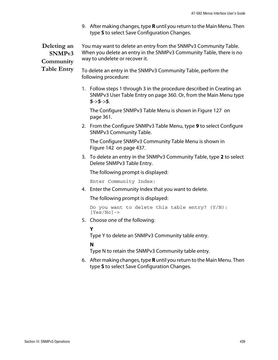 Deleting an snmpv3 community table entry | Allied Telesis AT-S62 User Manual | Page 439 / 760