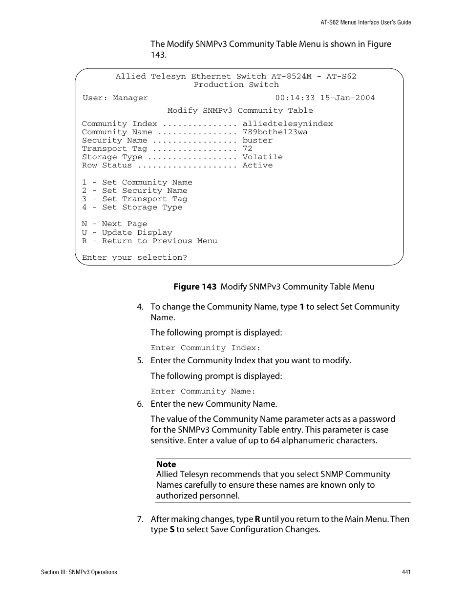 Figure 143: modify snmpv3 community table menu | Allied Telesis AT-S62 User Manual | Page 441 / 760