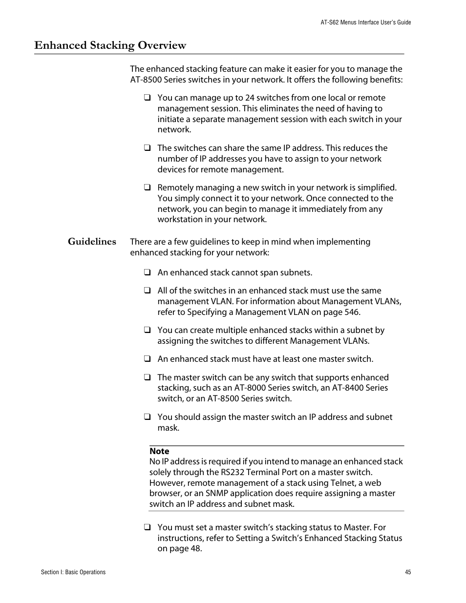 Enhanced stacking overview, Guidelines | Allied Telesis AT-S62 User Manual | Page 45 / 760