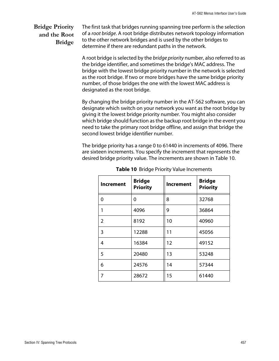 Bridge priority and the root bridge | Allied Telesis AT-S62 User Manual | Page 457 / 760