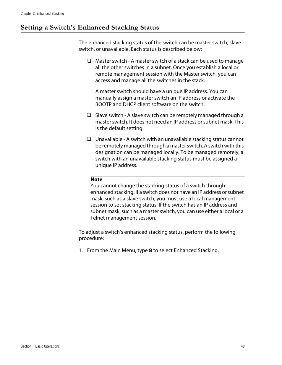 Setting a switch’s enhanced stacking status | Allied Telesis AT-S62 User Manual | Page 48 / 760