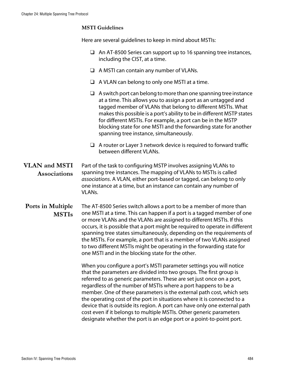 Vlan and msti associations, Ports in multiple mstis, Vlan and msti associations ports in multiple mstis | Allied Telesis AT-S62 User Manual | Page 484 / 760