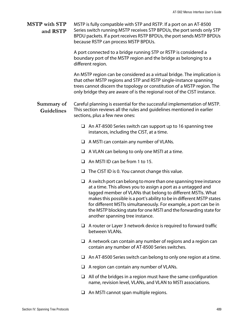 Mstp with stp and rstp, Summary of guidelines, Mstp with stp and rstp summary of guidelines | Allied Telesis AT-S62 User Manual | Page 489 / 760