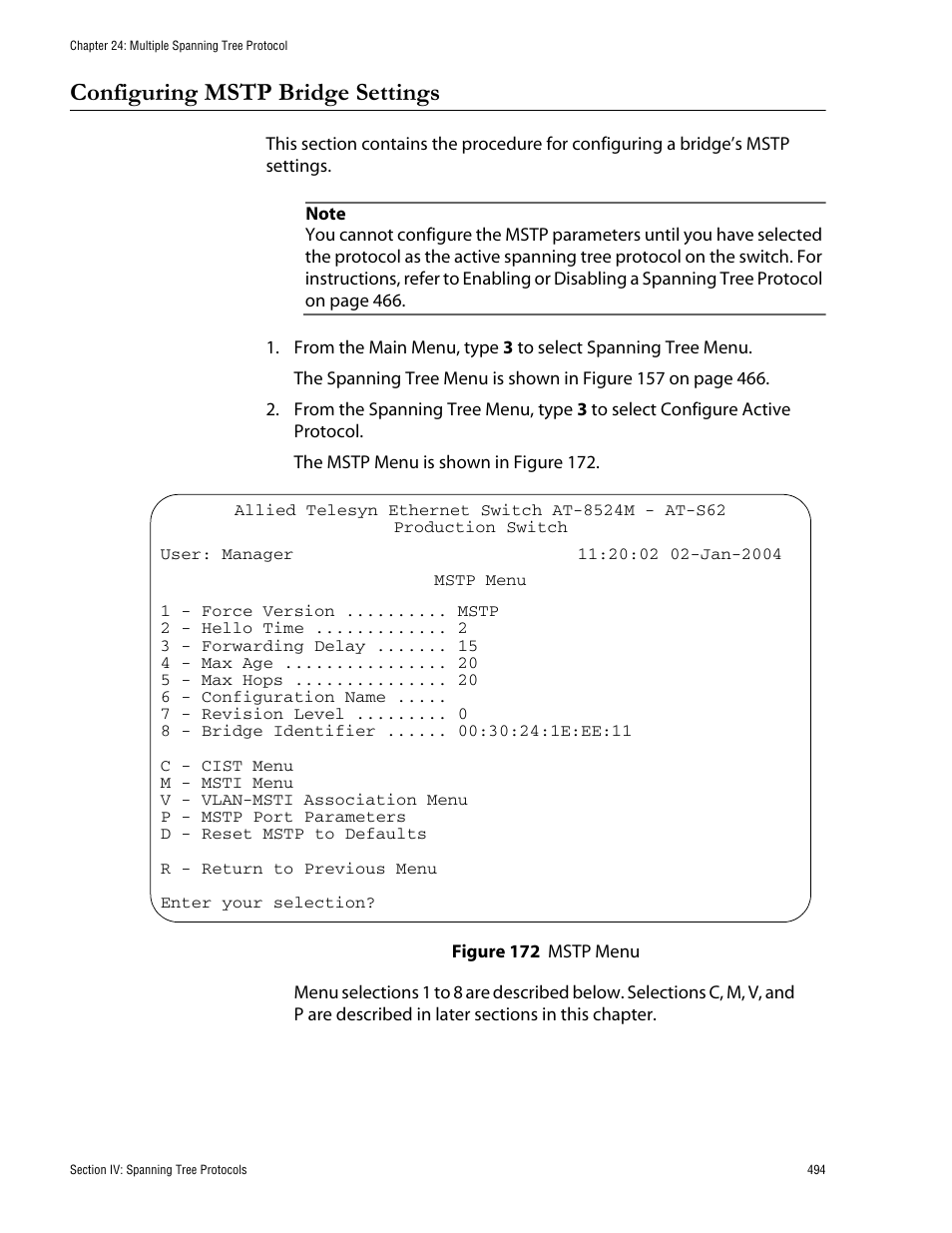 Configuring mstp bridge settings, Figure 172: mstp menu | Allied Telesis AT-S62 User Manual | Page 494 / 760