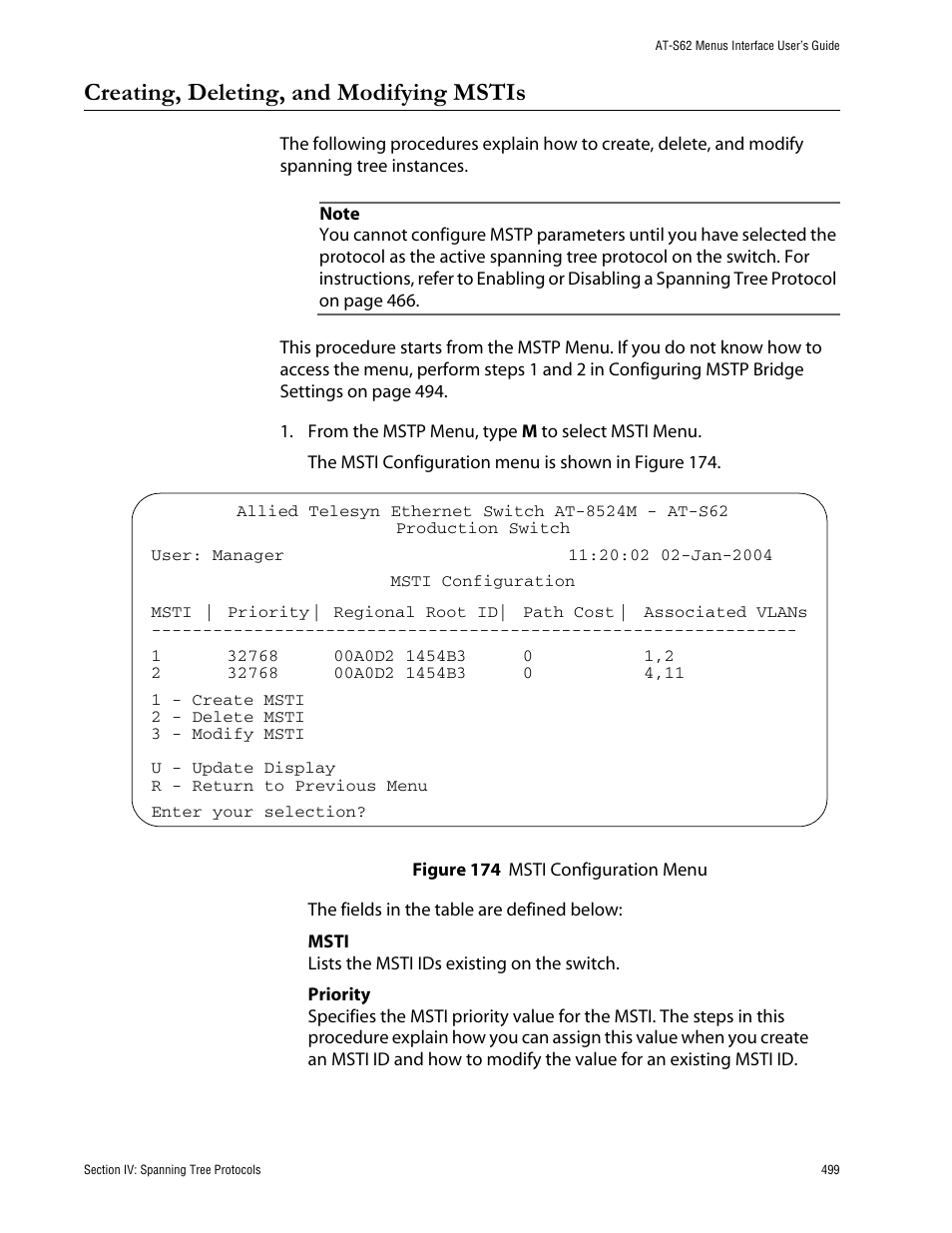 Creating, deleting, and modifying mstis, Figure 174: msti configuration menu | Allied Telesis AT-S62 User Manual | Page 499 / 760