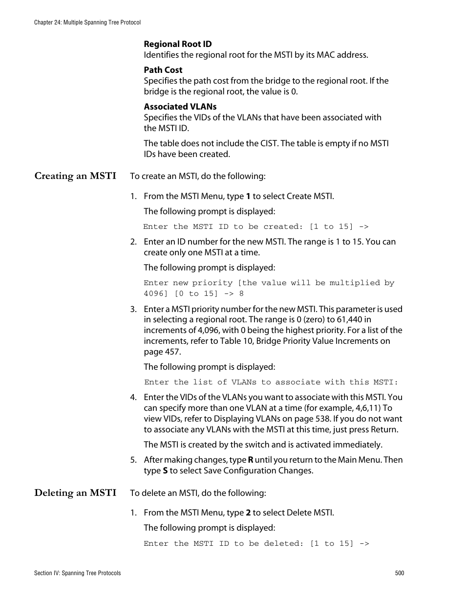 Creating an msti, Deleting an msti, Creating an msti deleting an msti | Allied Telesis AT-S62 User Manual | Page 500 / 760
