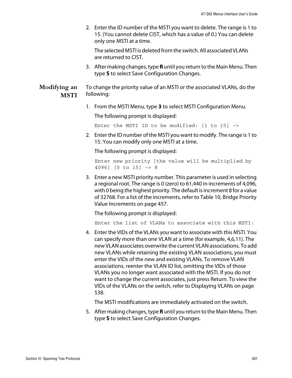 Modifying an msti | Allied Telesis AT-S62 User Manual | Page 501 / 760