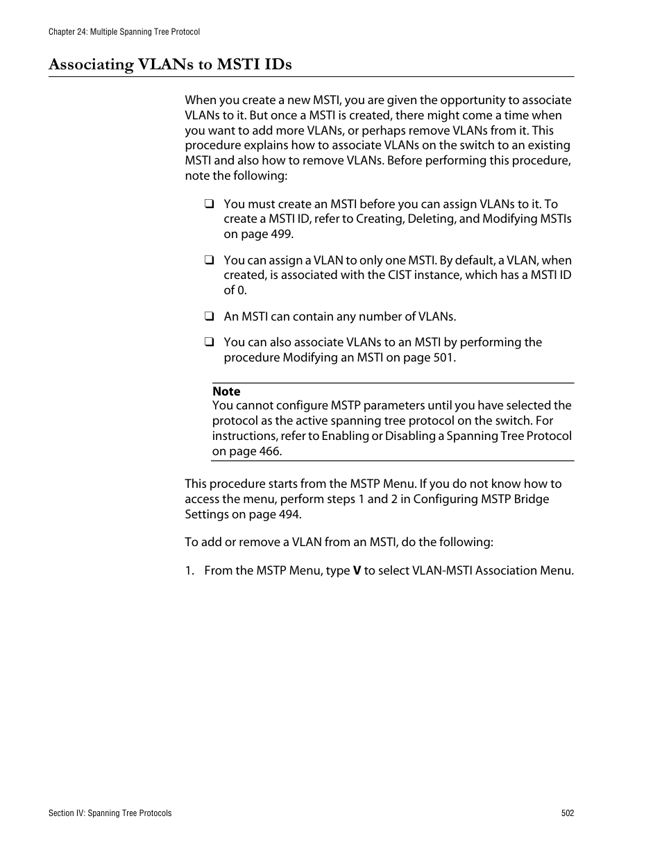 Associating vlans to msti ids | Allied Telesis AT-S62 User Manual | Page 502 / 760