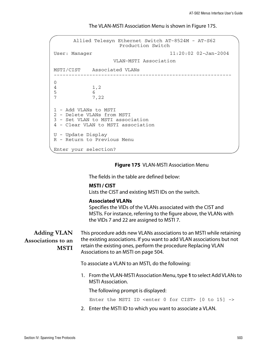 Adding vlan associations to an msti, Figure 175: vlan-msti association menu | Allied Telesis AT-S62 User Manual | Page 503 / 760