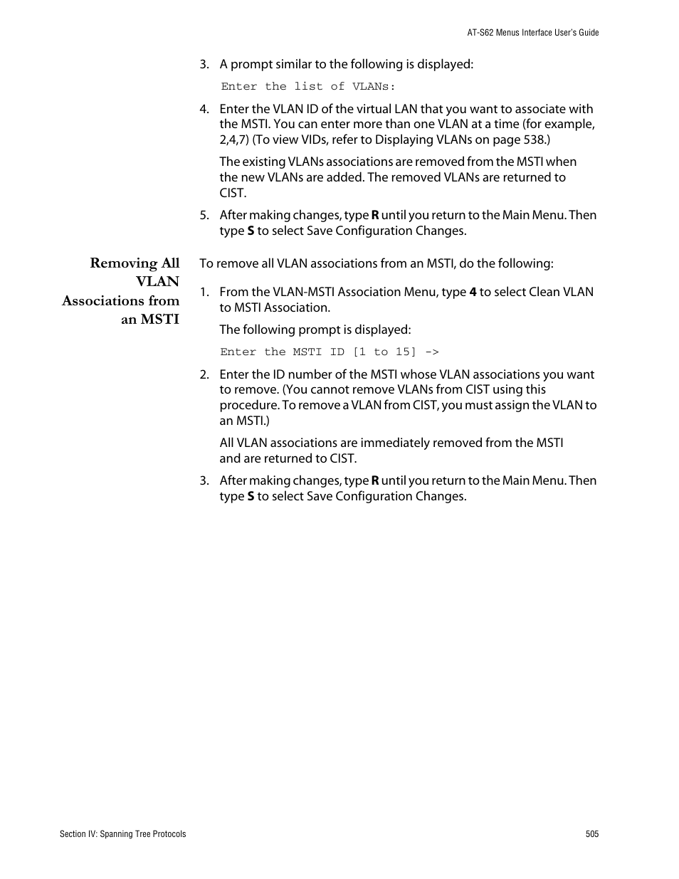 Removing all vlan associations from an msti | Allied Telesis AT-S62 User Manual | Page 505 / 760