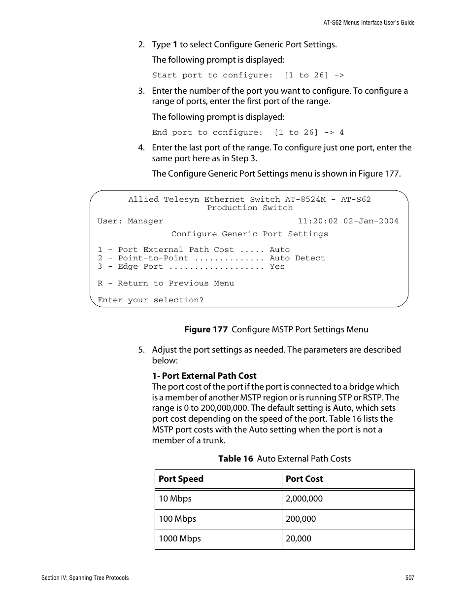 Figure 177: configure mstp port settings menu | Allied Telesis AT-S62 User Manual | Page 507 / 760