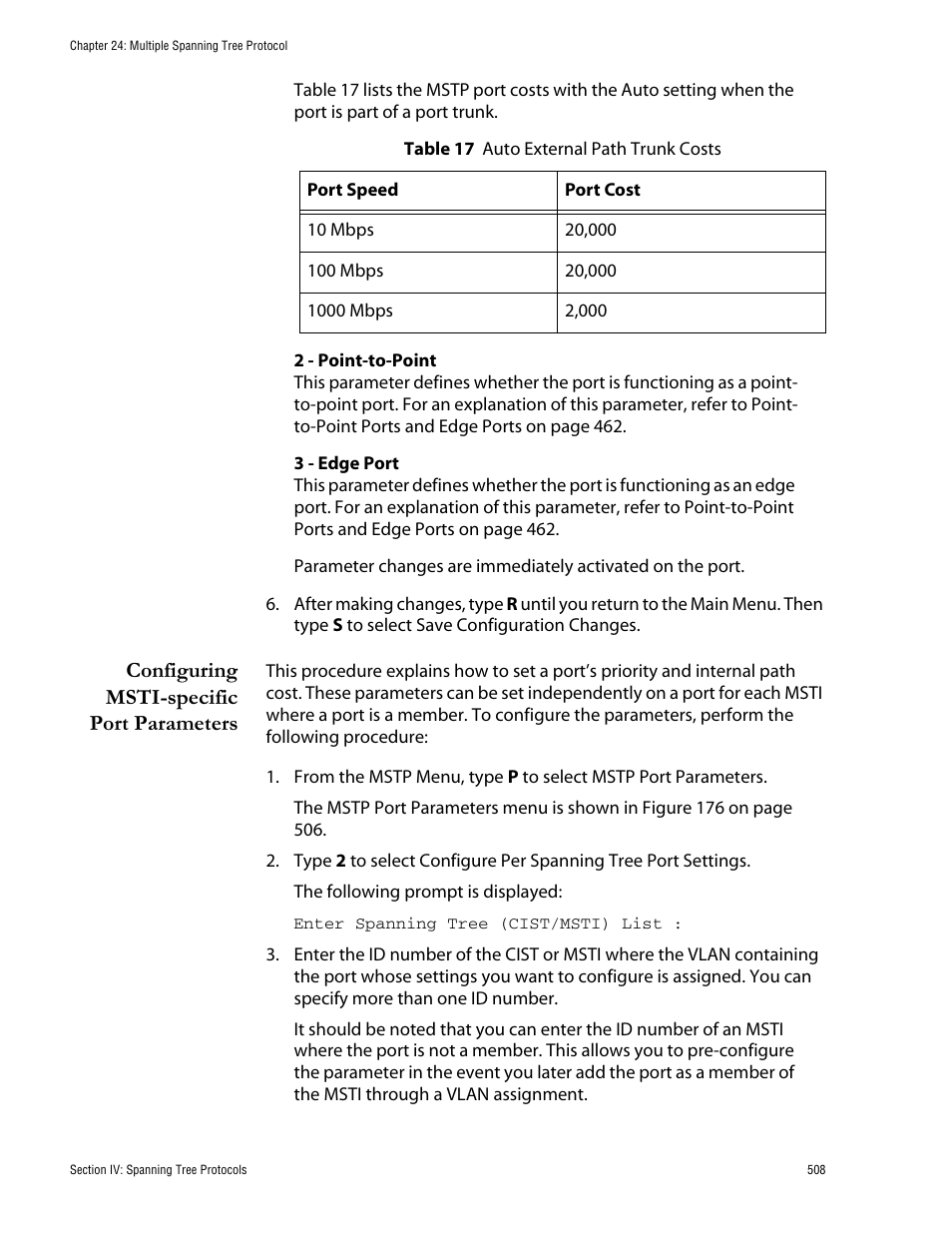 Configuring msti-specific port parameters | Allied Telesis AT-S62 User Manual | Page 508 / 760
