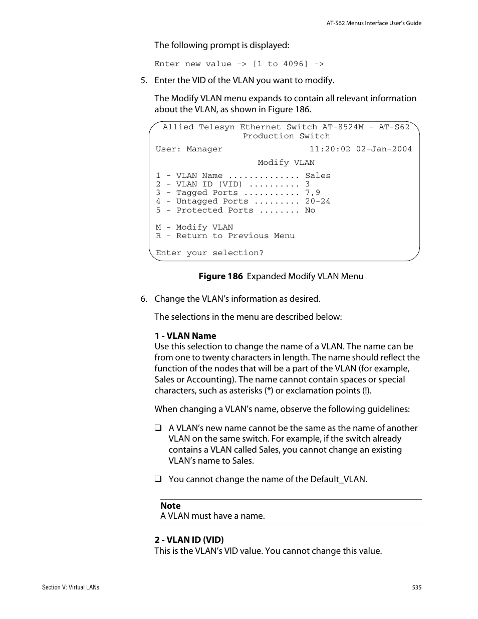 Figure 186: expanded modify vlan menu | Allied Telesis AT-S62 User Manual | Page 535 / 760