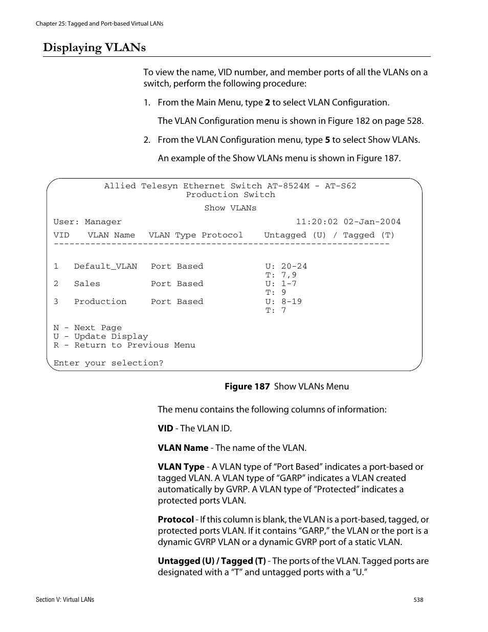 Displaying vlans, Figure 187: show vlans menu | Allied Telesis AT-S62 User Manual | Page 538 / 760