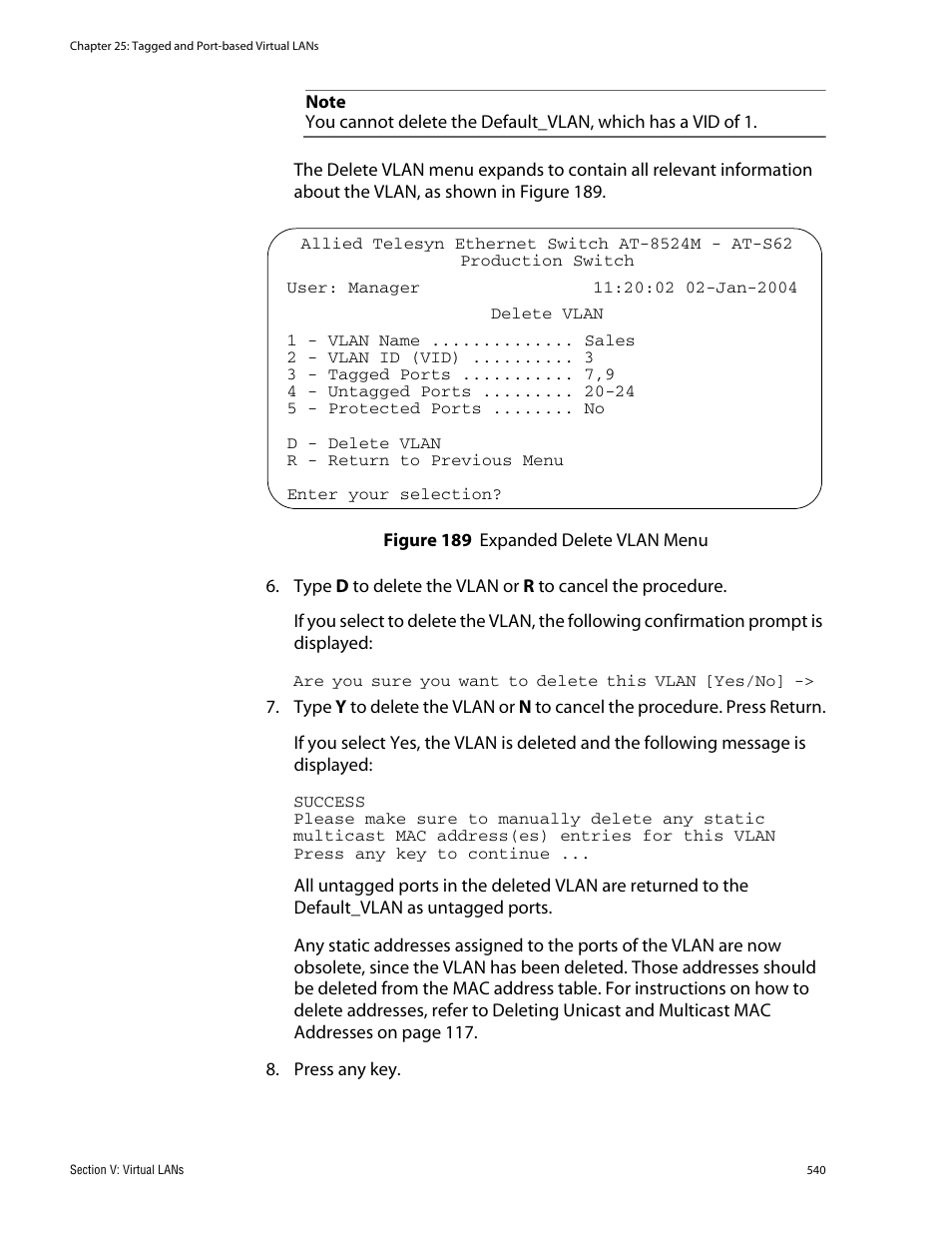 Figure 189: expanded delete vlan menu | Allied Telesis AT-S62 User Manual | Page 540 / 760