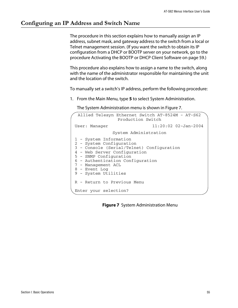 Configuring an ip address and switch name, Figure 7: system administration menu | Allied Telesis AT-S62 User Manual | Page 55 / 760