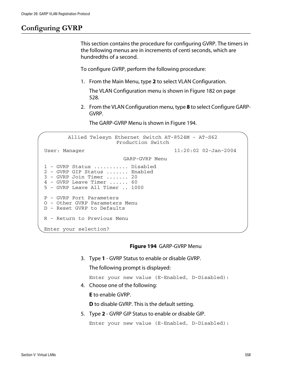 Configuring gvrp, Figure 194: garp-gvrp menu | Allied Telesis AT-S62 User Manual | Page 558 / 760