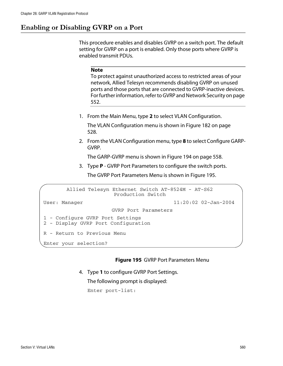 Enabling or disabling gvrp on a port, Figure 195: gvrp port parameters menu | Allied Telesis AT-S62 User Manual | Page 560 / 760