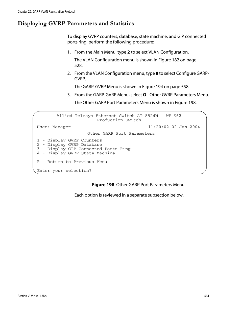 Displaying gvrp parameters and statistics, Figure 198: other garp port parameters menu | Allied Telesis AT-S62 User Manual | Page 564 / 760
