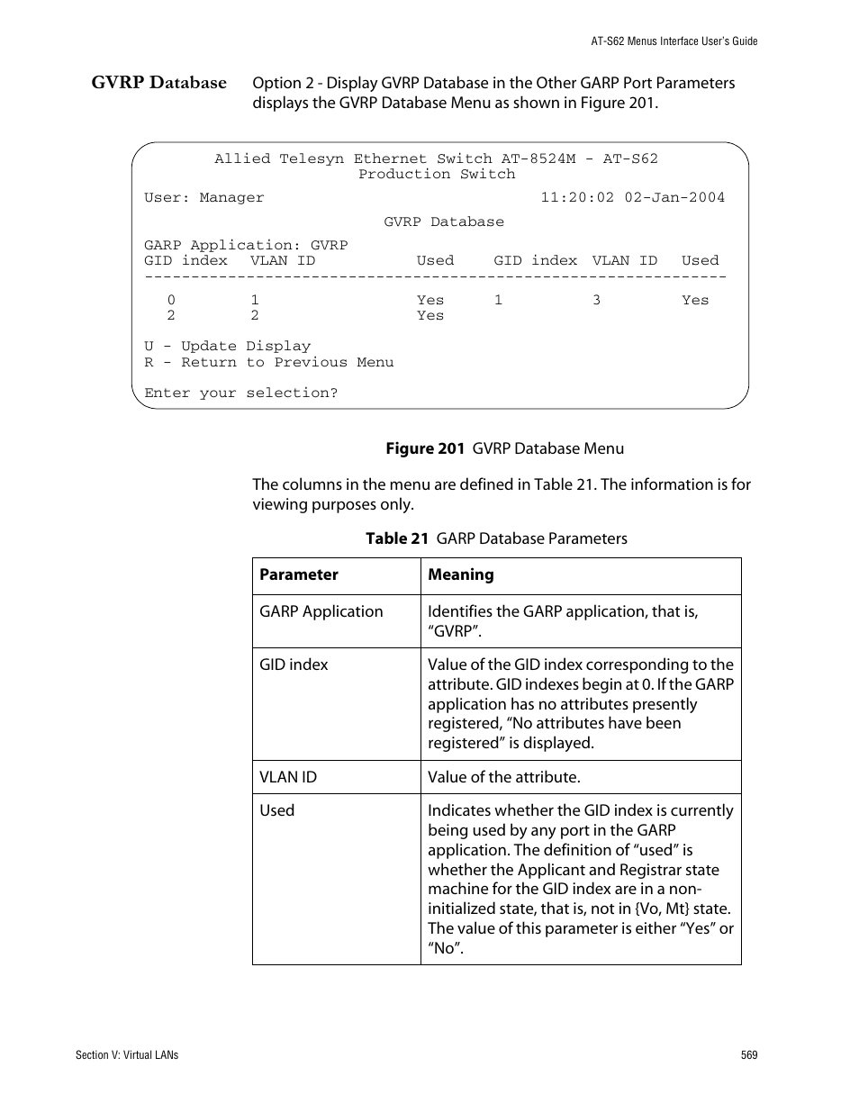 Gvrp database, Figure 201: gvrp database menu | Allied Telesis AT-S62 User Manual | Page 569 / 760