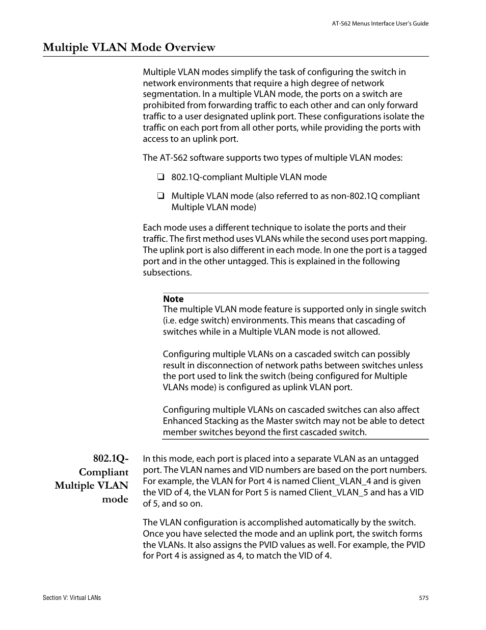 Multiple vlan mode overview, 1q- compliant multiple vlan mode | Allied Telesis AT-S62 User Manual | Page 575 / 760