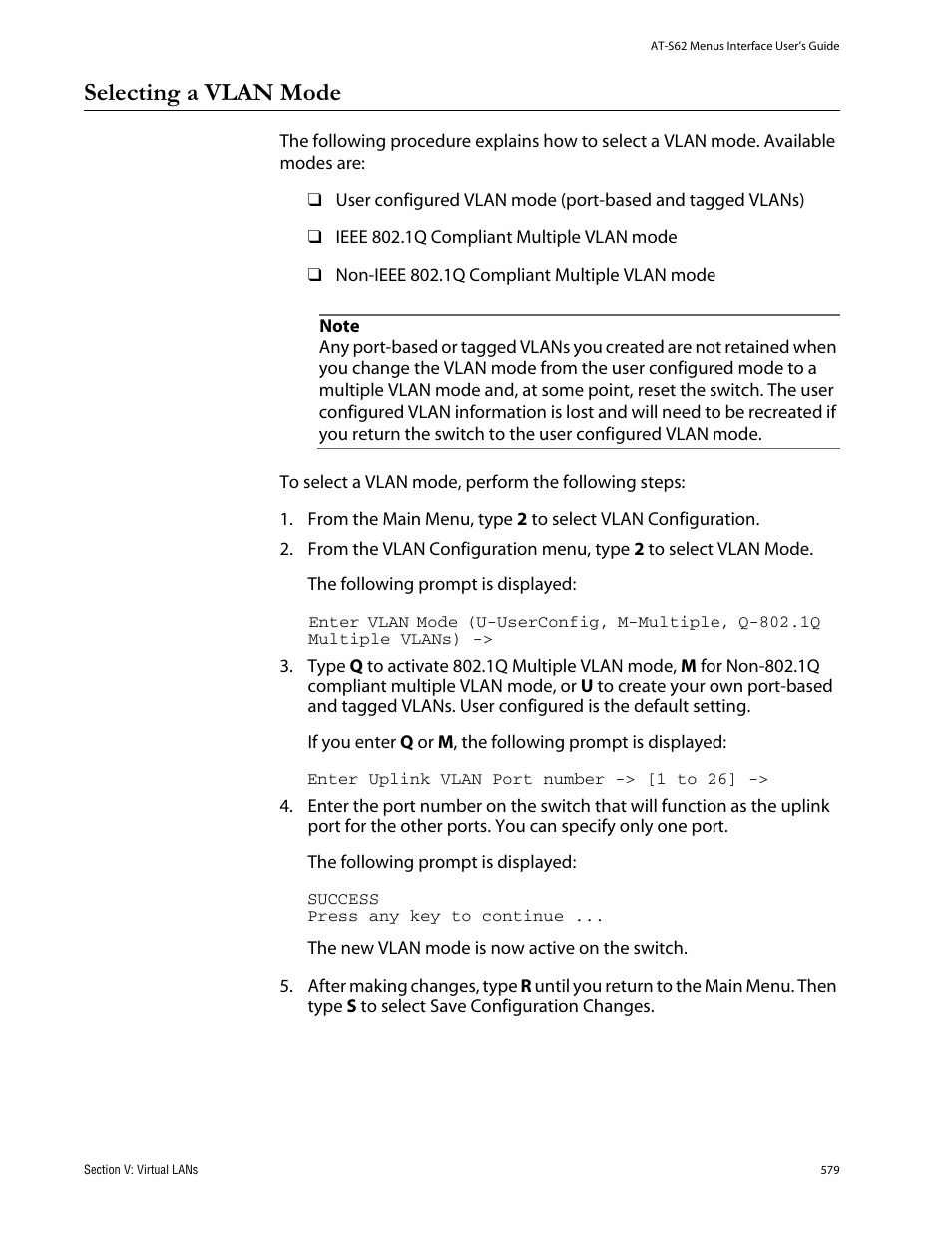 Selecting a vlan mode | Allied Telesis AT-S62 User Manual | Page 579 / 760