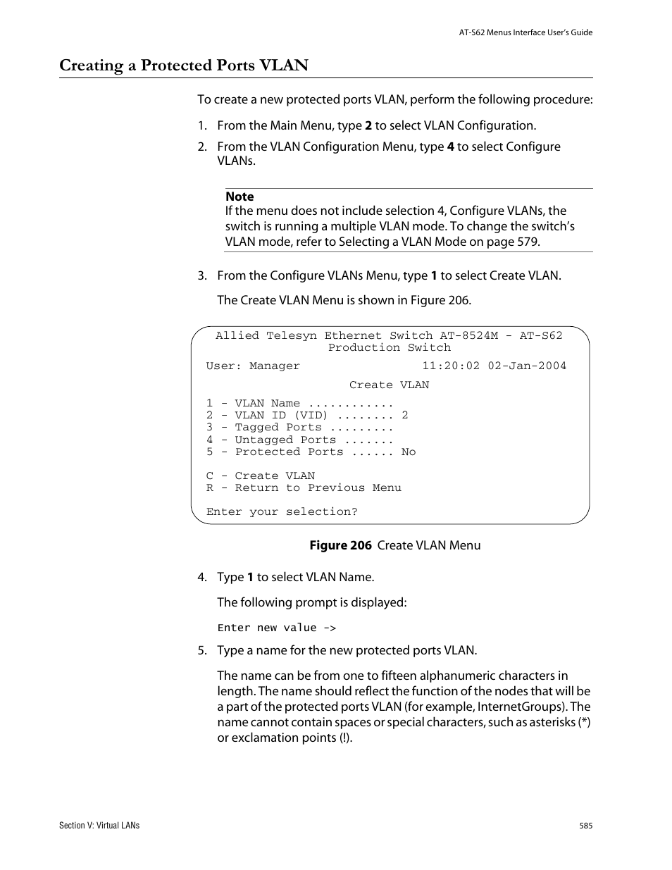 Creating a protected ports vlan, Figure 206: create vlan menu | Allied Telesis AT-S62 User Manual | Page 585 / 760