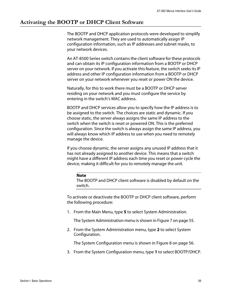 Activating the bootp or dhcp client software | Allied Telesis AT-S62 User Manual | Page 59 / 760