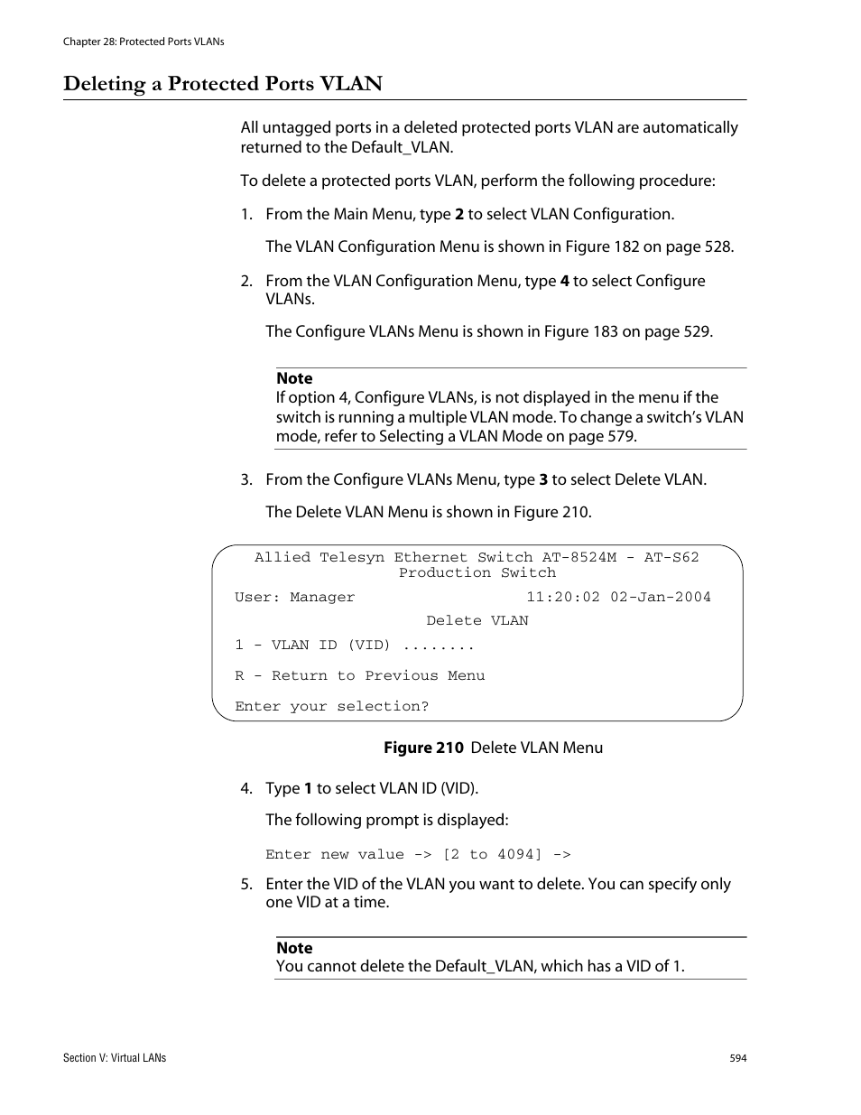 Deleting a protected ports vlan, Figure 210: delete vlan menu | Allied Telesis AT-S62 User Manual | Page 594 / 760