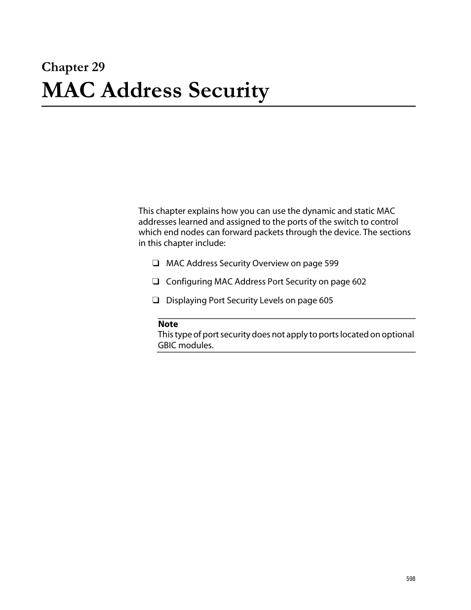 Chapter 29, Mac address security, Chapter 29 mac address security | Allied Telesis AT-S62 User Manual | Page 598 / 760
