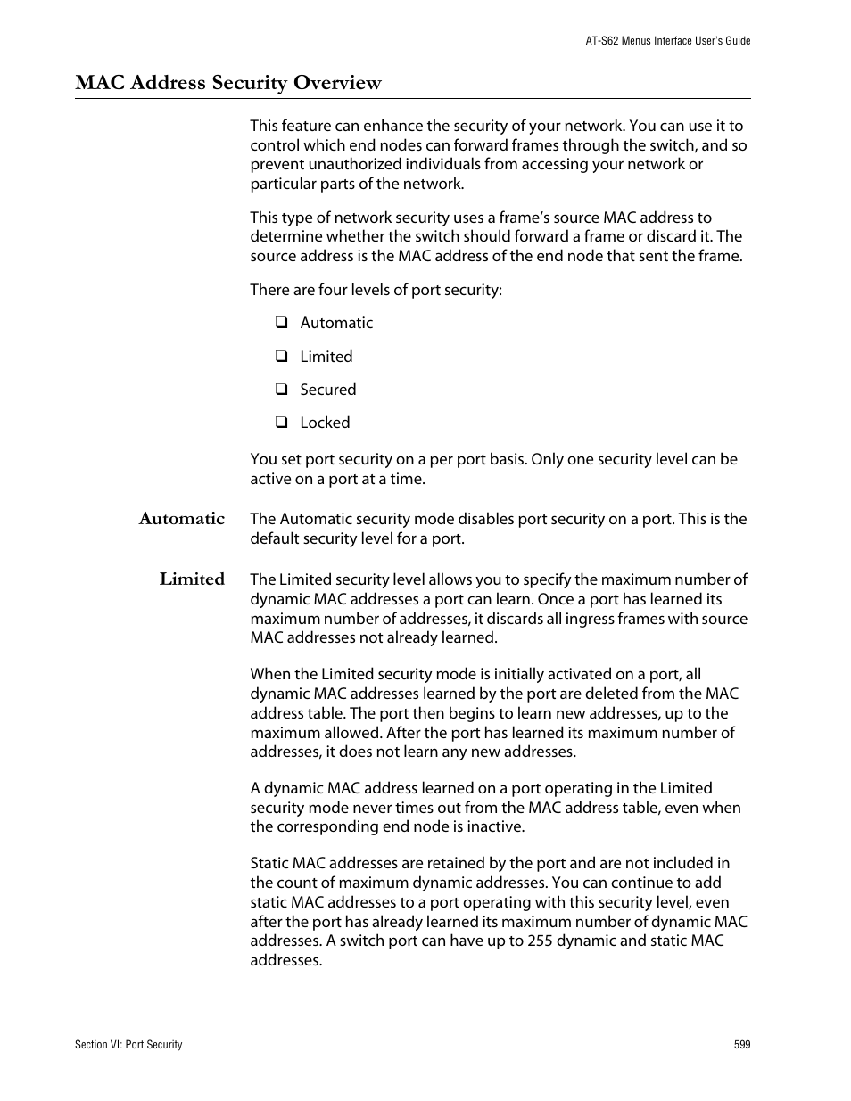 Mac address security overview, Automatic, Limited | Automatic limited | Allied Telesis AT-S62 User Manual | Page 599 / 760