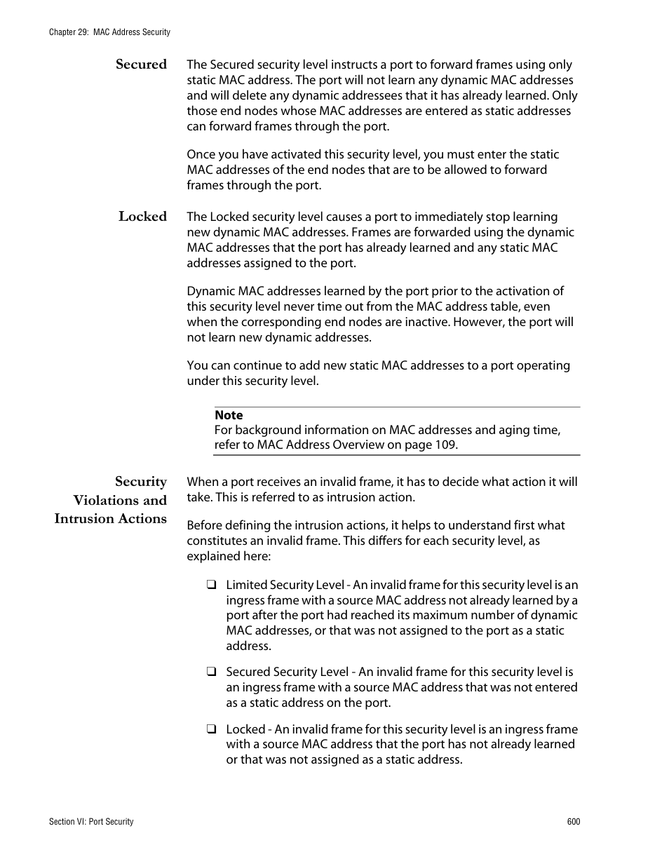 Secured, Locked, Security violations and intrusion actions | Allied Telesis AT-S62 User Manual | Page 600 / 760
