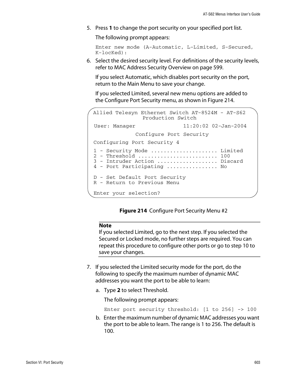 Figure 214: configure port security menu #2 | Allied Telesis AT-S62 User Manual | Page 603 / 760