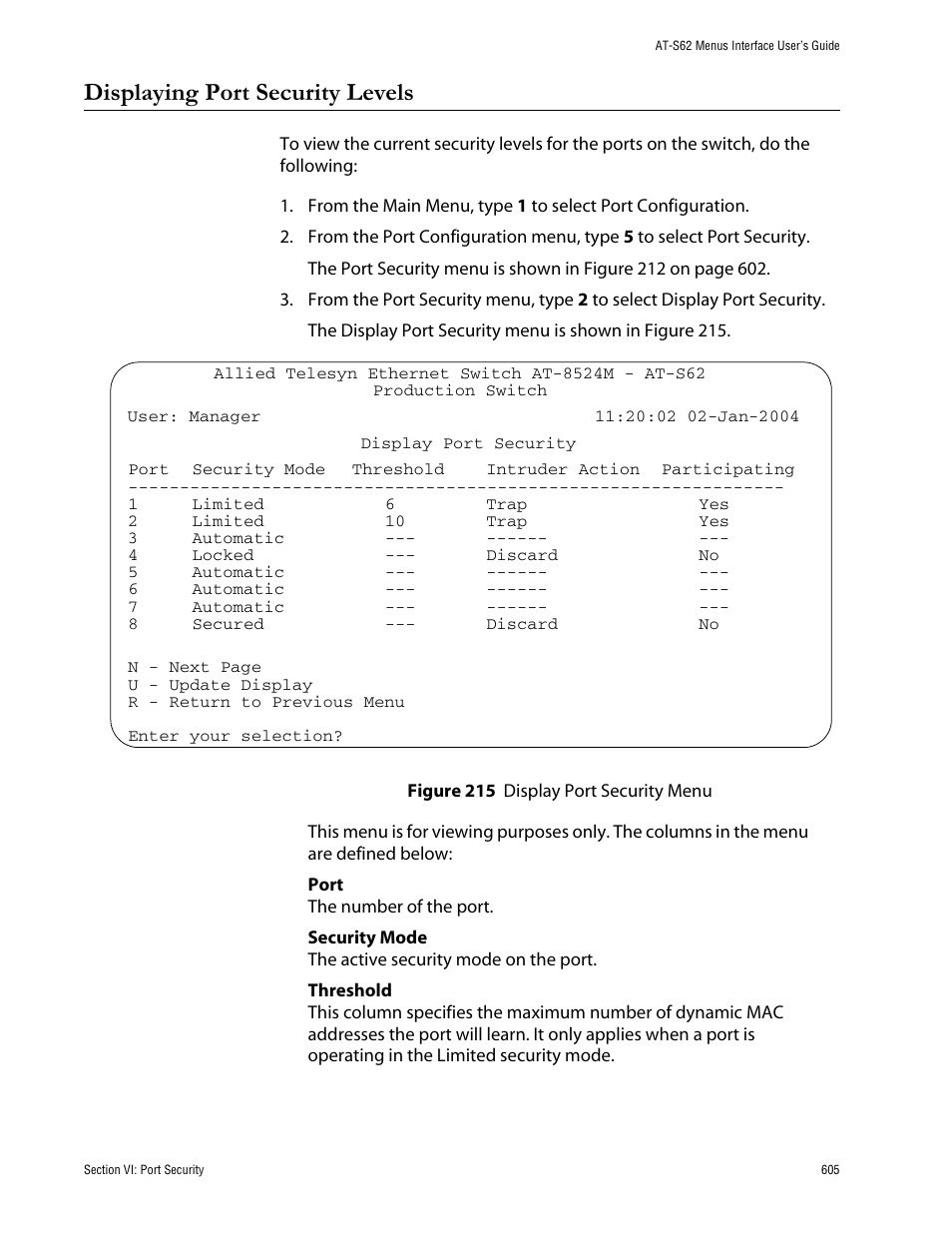 Displaying port security levels, Figure 215: display port security menu | Allied Telesis AT-S62 User Manual | Page 605 / 760