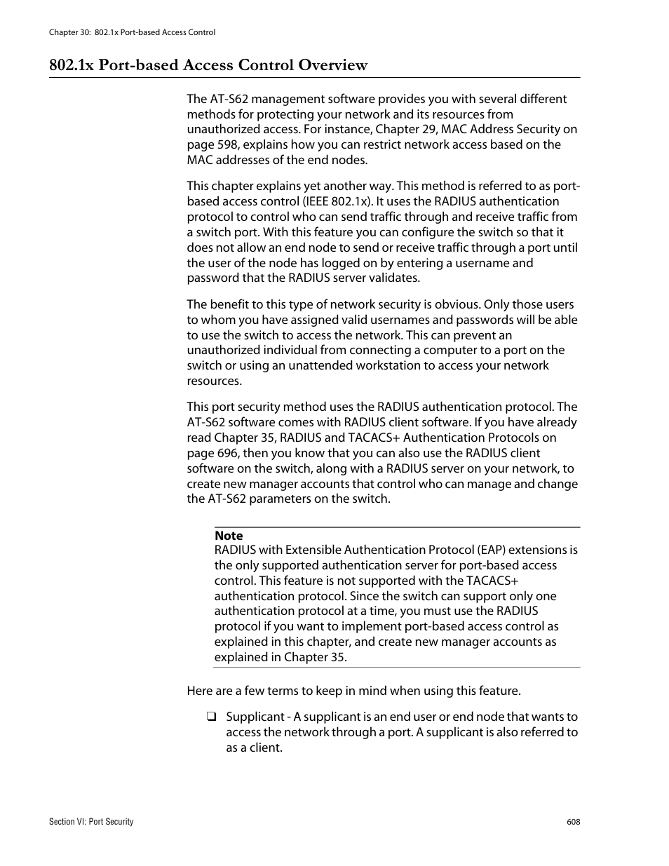 1x port-based access control overview | Allied Telesis AT-S62 User Manual | Page 608 / 760