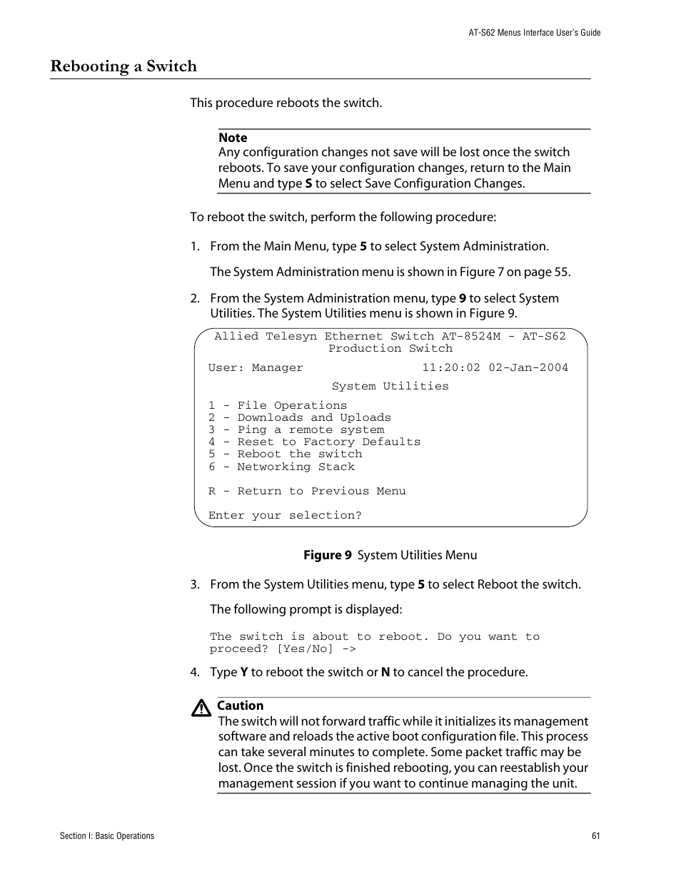 Rebooting a switch, Figure 9: system utilities menu | Allied Telesis AT-S62 User Manual | Page 61 / 760
