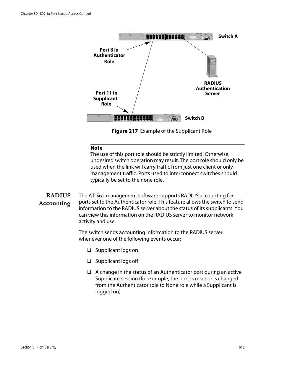 Radius accounting, Figure 217: example of the supplicant role | Allied Telesis AT-S62 User Manual | Page 612 / 760
