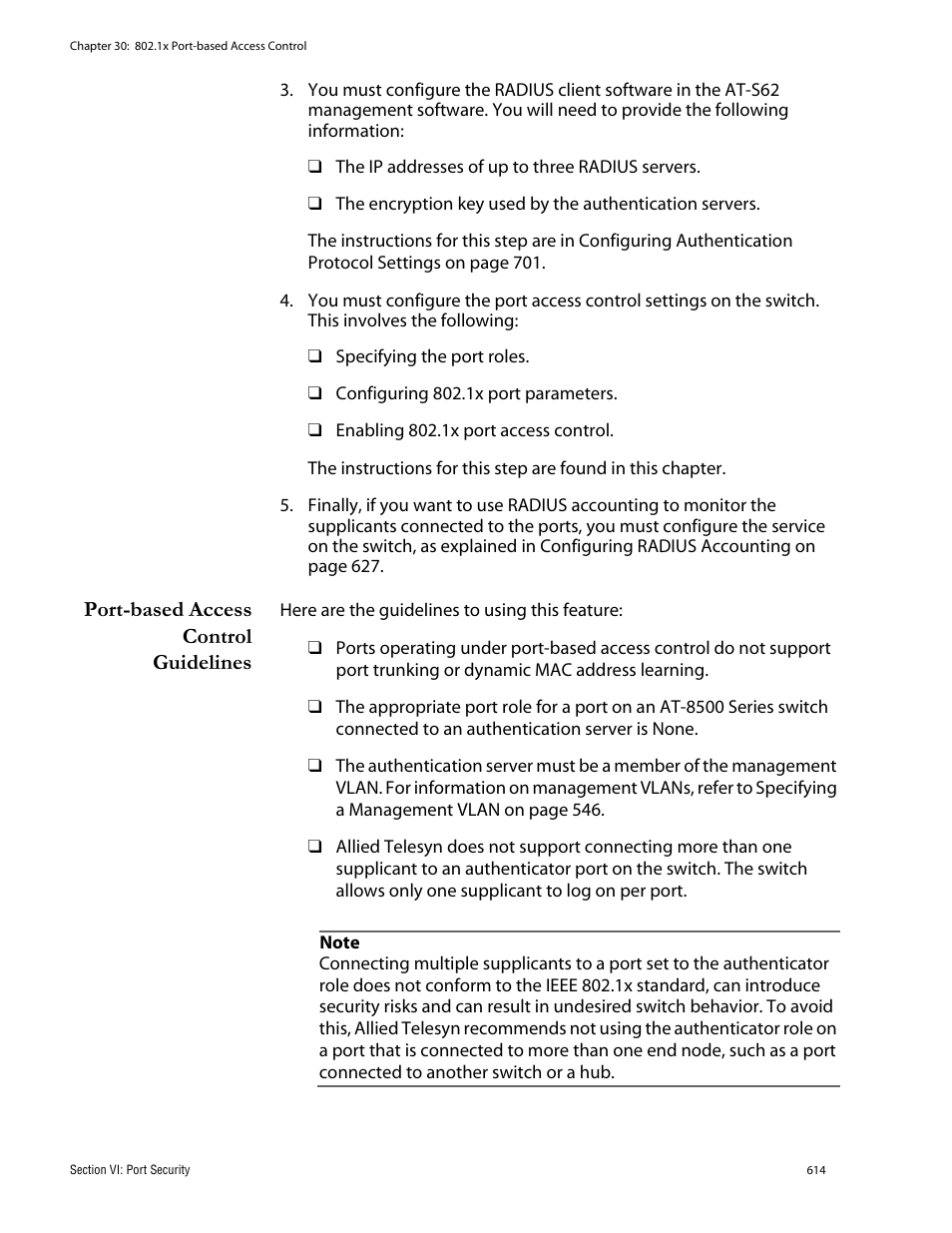 Port-based access control guidelines | Allied Telesis AT-S62 User Manual | Page 614 / 760