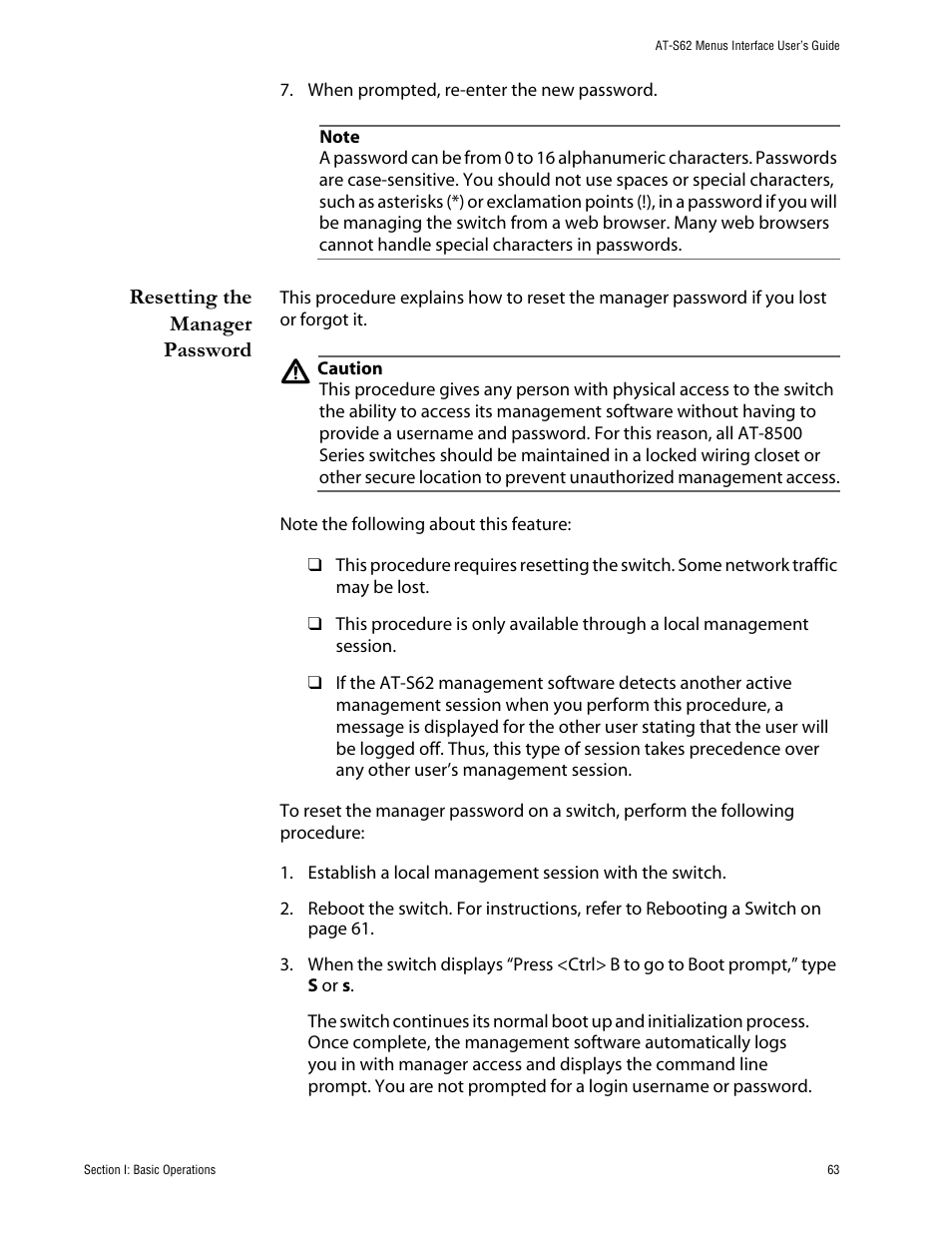 Resetting the manager password | Allied Telesis AT-S62 User Manual | Page 63 / 760