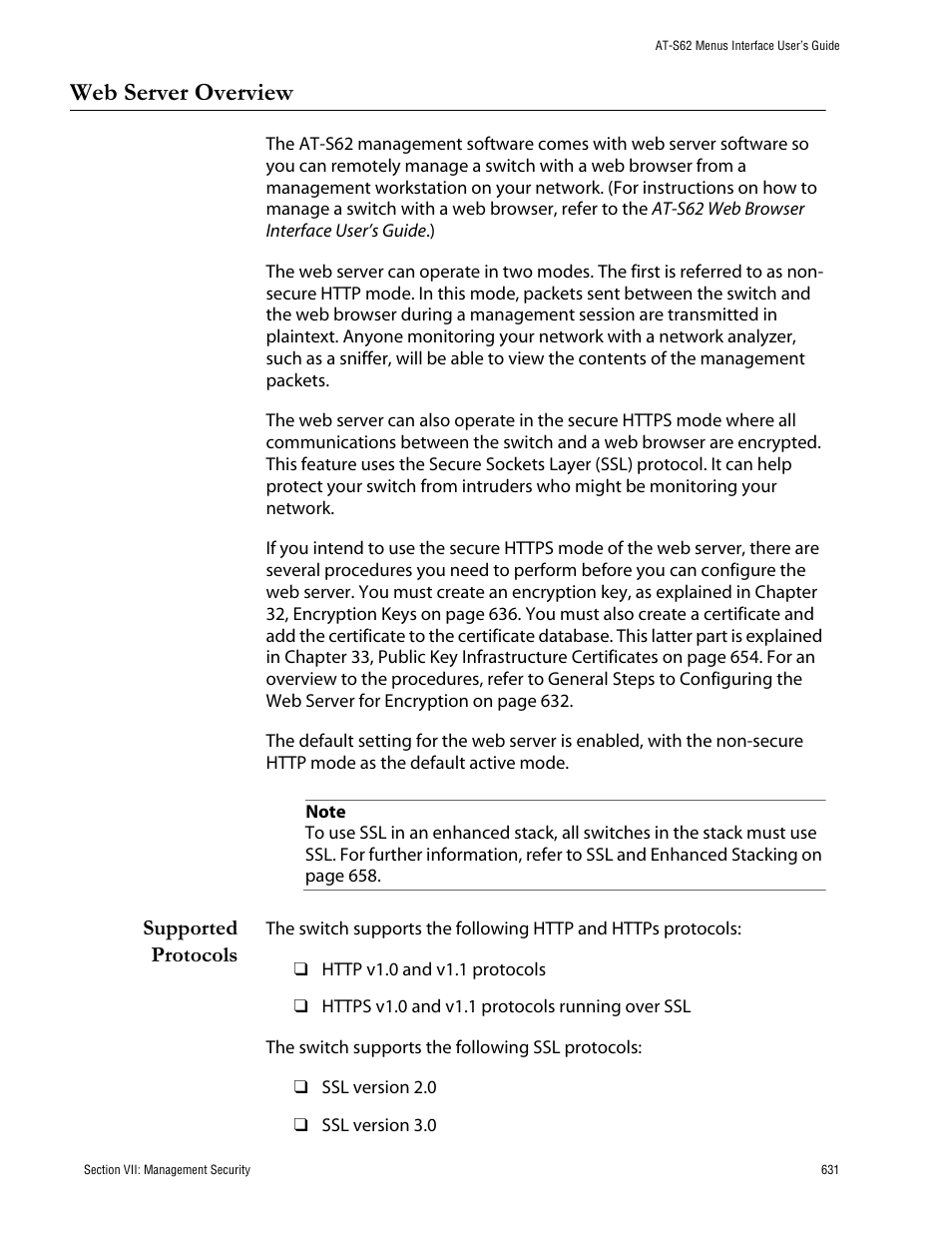 Web server overview, Supported protocols | Allied Telesis AT-S62 User Manual | Page 631 / 760