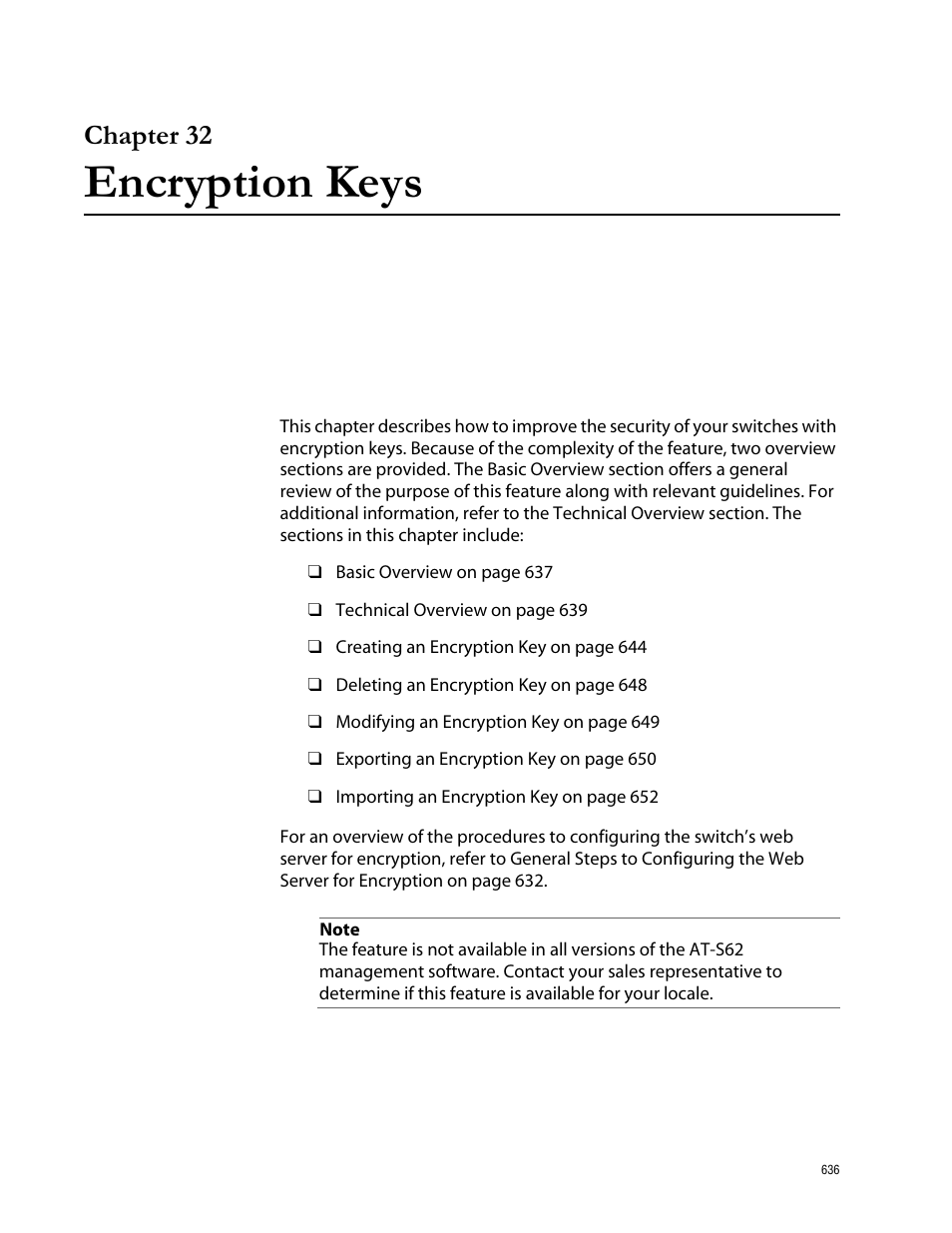 Chapter 32, Encryption keys, Chapter 32 encryption keys | Allied Telesis AT-S62 User Manual | Page 636 / 760