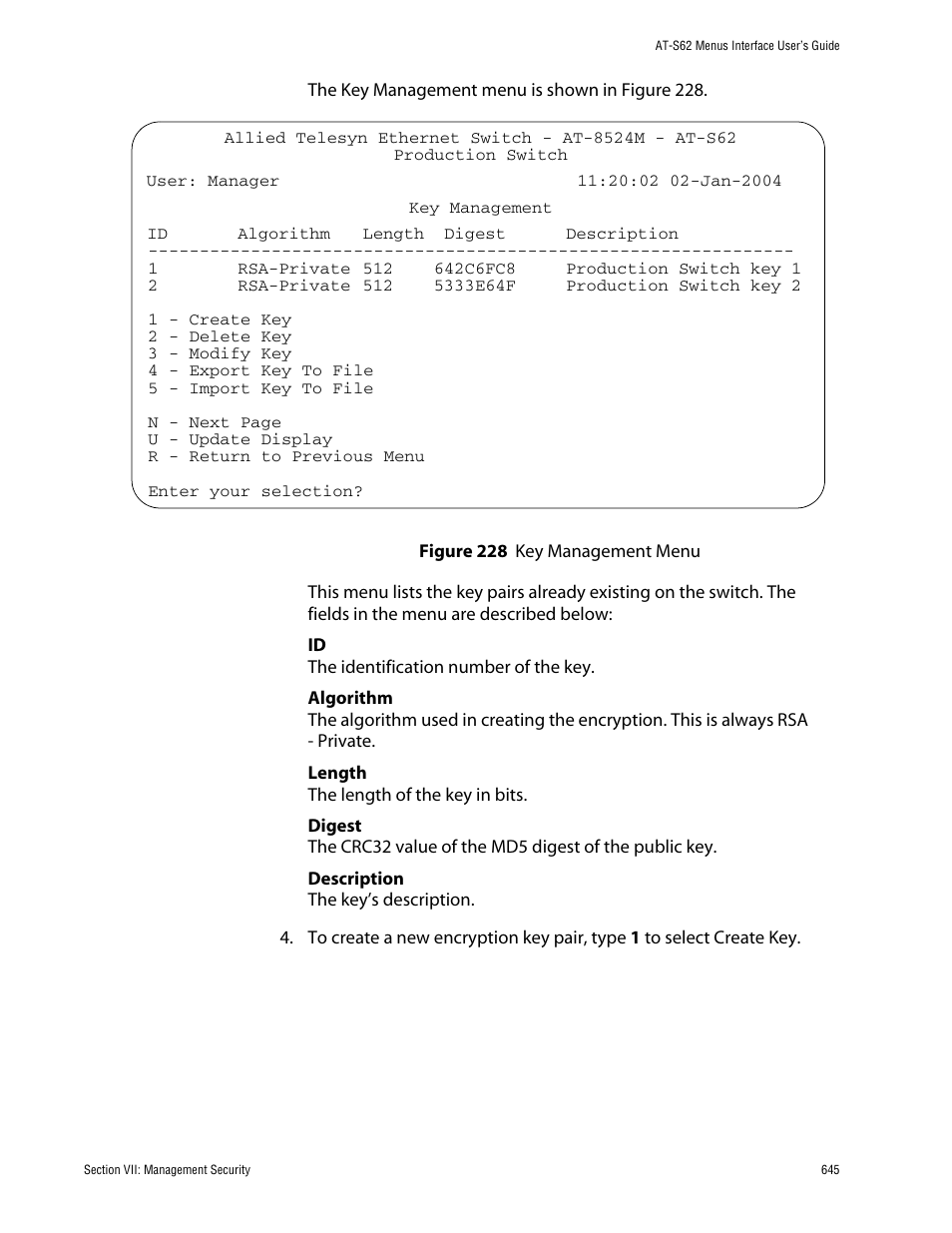 Figure 228: key management menu | Allied Telesis AT-S62 User Manual | Page 645 / 760