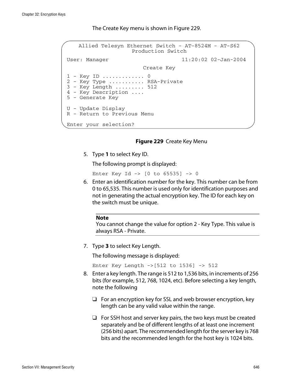 Create key menu | Allied Telesis AT-S62 User Manual | Page 646 / 760